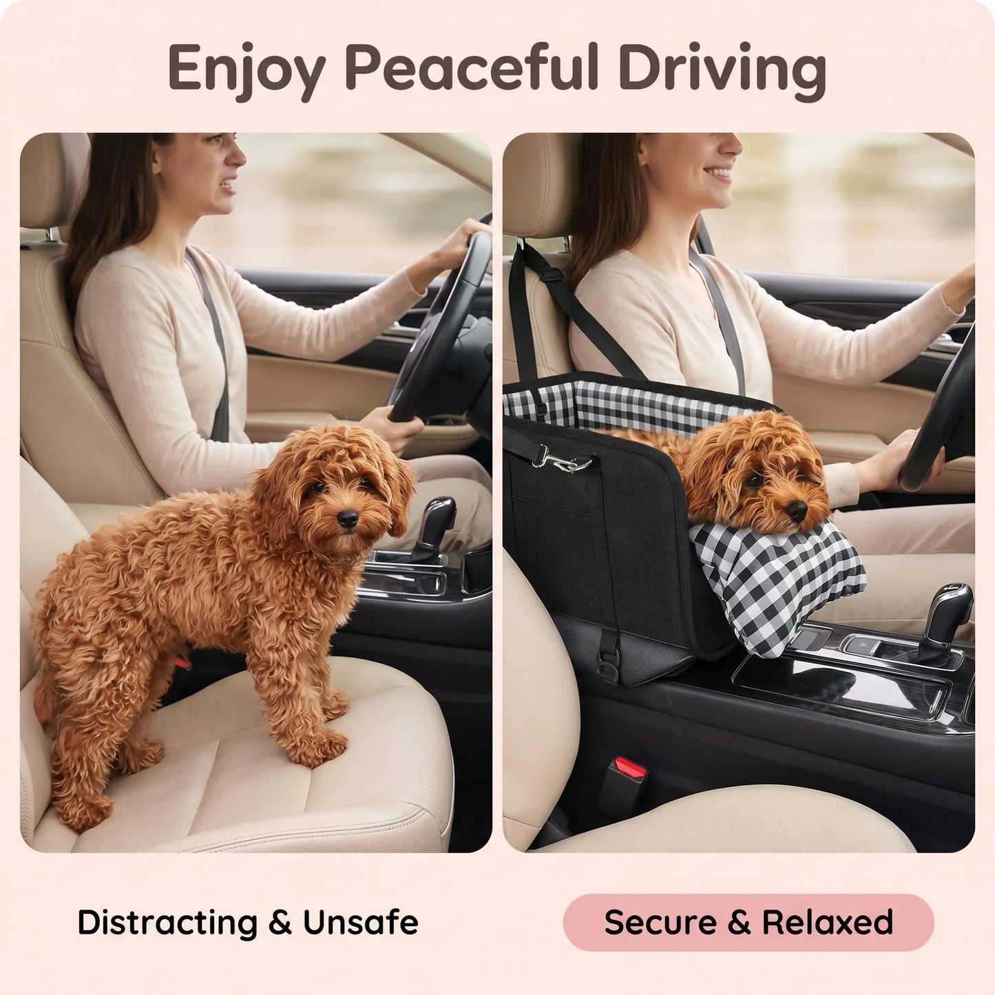 Anti-Anxiety Dog Console Car Seat with Safety Leash - Comfortable Plaid Booster Bed for Small Breeds, Washable Travel Carrier for Chihuahuas and Yorkies