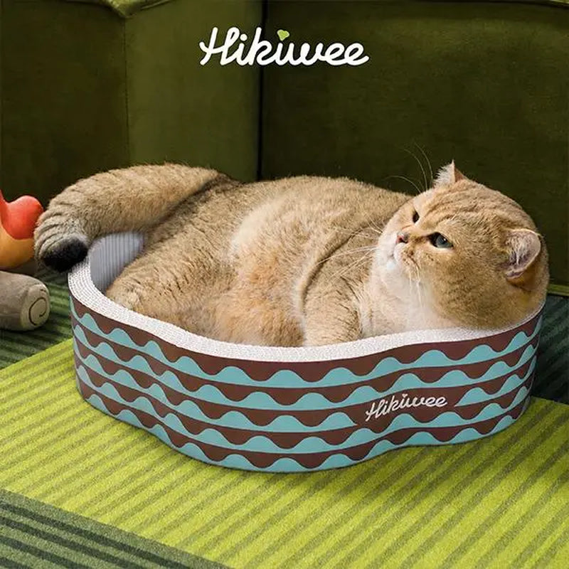 Hikiwee Original Design Scratch-Resistant Cat Bed - Available in Leopard Print, Art Deco, Mint Chocolate, and Floral Styles - Made from Non-Toxic, Odor-Free, High-Density Wood Pulp Corrugated Cardboard, Individually Sealed for Safe Comfort and Guaranteed Freshness