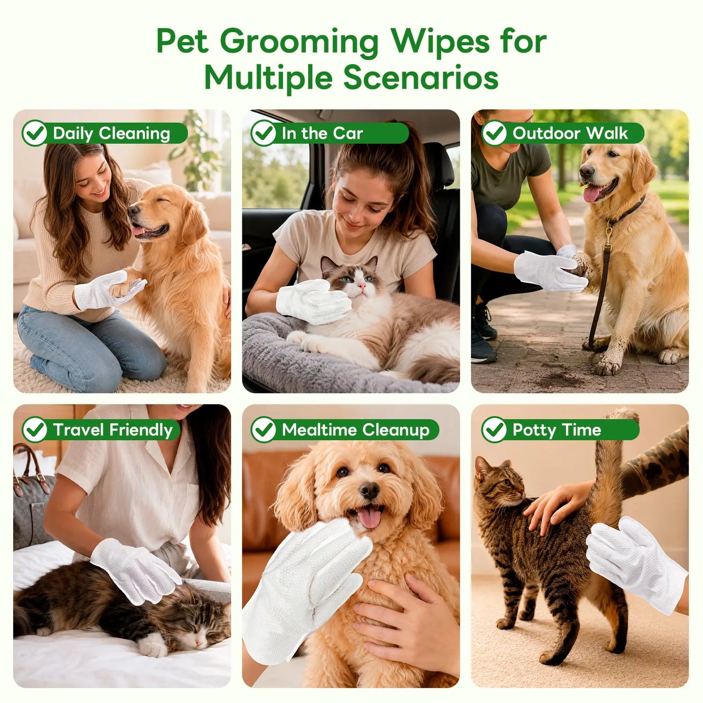 Professional Pet Grooming Wipes for Dogs and Cats - Waterless Bath, Hypoallergenic, Deodorizing, Extra Thick Care for Paws, Fur, Face, Ears, and Tail