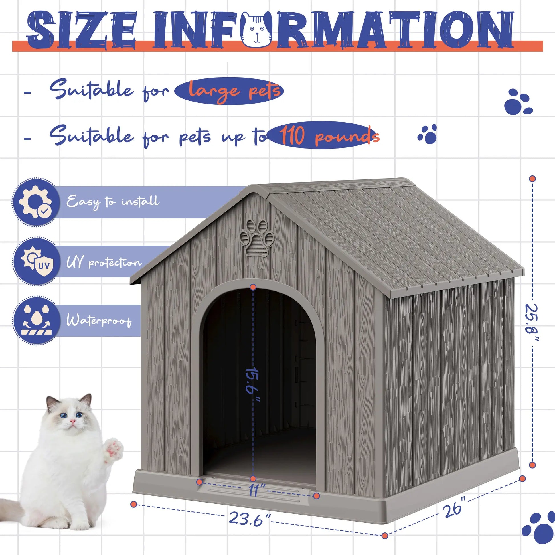 Durable Waterproof Plastic Dog House for Small to Large Dogs - Indoor/Outdoor Use with Elevated Floor, UV Resistance, Air Vents, Drainage Holes, Ground Nails, and Easy Assembly and Cleaning