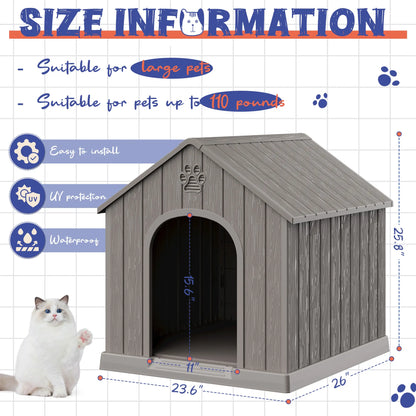 Durable Waterproof Plastic Dog House for Small to Large Dogs - Indoor/Outdoor Use with Elevated Floor, UV Resistance, Air Vents, Drainage Holes, Ground Nails, and Easy Assembly and Cleaning