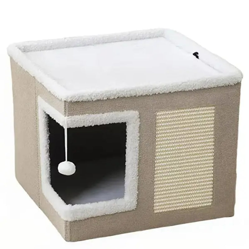 Large Indoor Cat Bed with Foldable Design, Soft Cat Cave Hideaway for Kittens and Adult Cats, Includes Sisal Scratch Pad and Hanging Fluffy Ball, 16.5" x 16.5" x 14", Grey