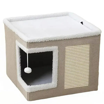 Large Indoor Cat Bed with Foldable Design, Soft Cat Cave Hideaway for Kittens and Adult Cats, Includes Sisal Scratch Pad and Hanging Fluffy Ball, 16.5" x 16.5" x 14", Grey