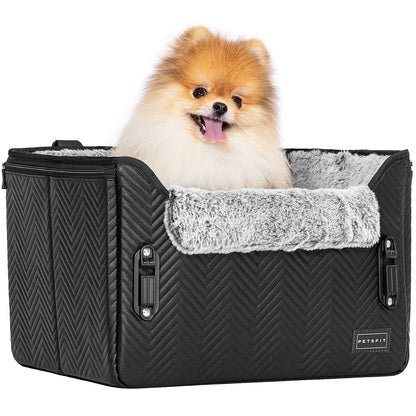 PETSFIT Waterproof PU Leather Small Dog Car Seat with Patent-Pending Safety Buckles and Clip-On Leash for Pets up to 25 lbs
