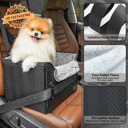 PETSFIT Waterproof PU Leather Small Dog Car Seat with Patent-Pending Safety Buckles and Clip-On Leash for Pets up to 25 lbs