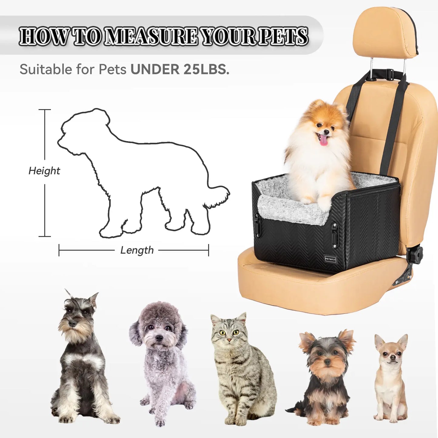 PETSFIT Waterproof PU Leather Small Dog Car Seat with Patent-Pending Safety Buckles and Clip-On Leash for Pets up to 25 lbs