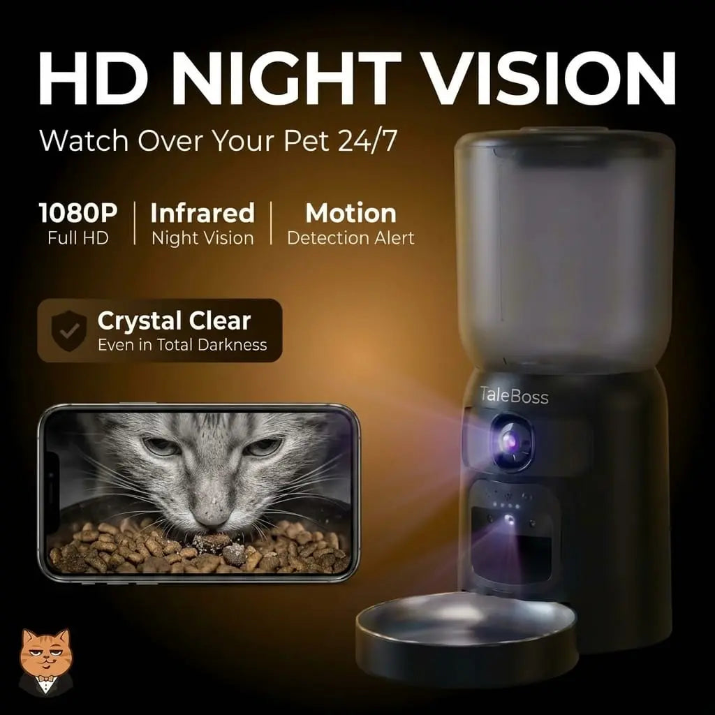 Taleboss 5L Smart Wi-Fi Automatic Pet Food Dispenser with Dual HD Cameras, 130° Wide Angle, Night Vision, Icam365 App Control, Two-Way Audio, Interactive Feeding Tray, Play Teaser Toy, and Training Accessories for Indoor Cats