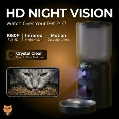Taleboss 5L Smart Wi-Fi Automatic Pet Food Dispenser with Dual HD Cameras, 130° Wide Angle, Night Vision, Icam365 App Control, Two-Way Audio, Interactive Feeding Tray, Play Teaser Toy, and Training Accessories for Indoor Cats