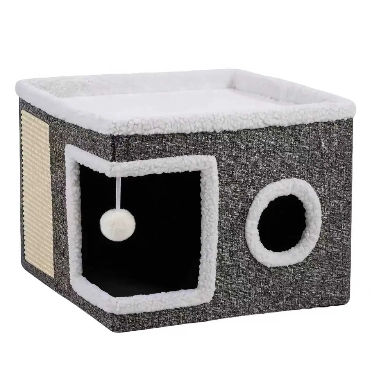 Large Indoor Cat Bed with Foldable Design, Soft Cat Cave Hideaway for Kittens and Adult Cats, Includes Sisal Scratch Pad and Hanging Fluffy Ball, 16.5" x 16.5" x 14", Grey