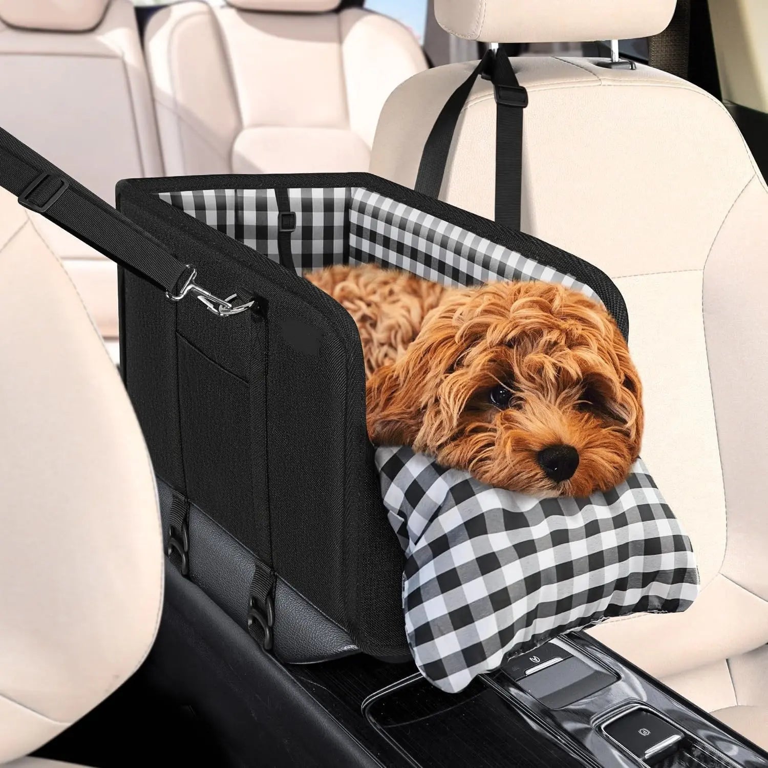 Anti-Anxiety Dog Console Car Seat with Safety Leash - Comfortable Plaid Booster Bed for Small Breeds, Washable Travel Carrier for Chihuahuas and Yorkies