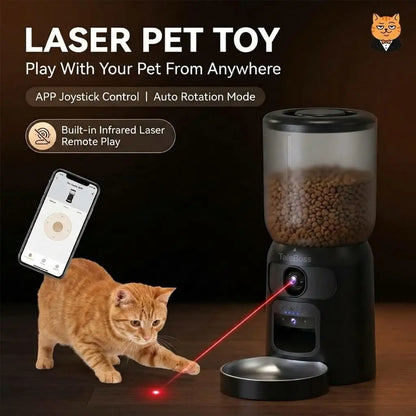 Taleboss 5L Smart Wi-Fi Automatic Pet Food Dispenser with Dual HD Cameras, 130° Wide Angle, Night Vision, Icam365 App Control, Two-Way Audio, Interactive Feeding Tray, Play Teaser Toy, and Training Accessories for Indoor Cats