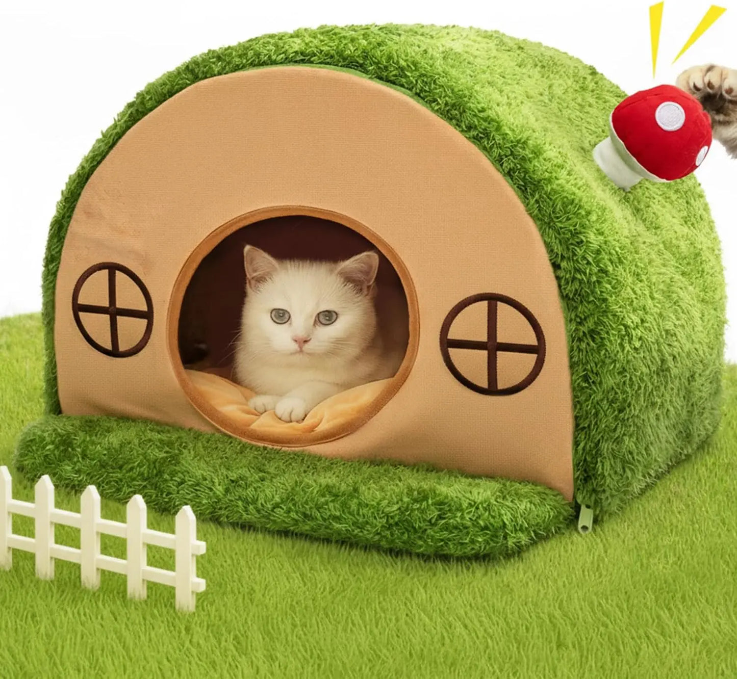 Crystal Velvet Enclosed Cat Bed with Removable Washable Cushion and Non-Slip Base for Indoor Cats