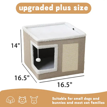 Large Indoor Cat Bed with Foldable Design, Soft Cat Cave Hideaway for Kittens and Adult Cats, Includes Sisal Scratch Pad and Hanging Fluffy Ball, 16.5" x 16.5" x 14", Grey