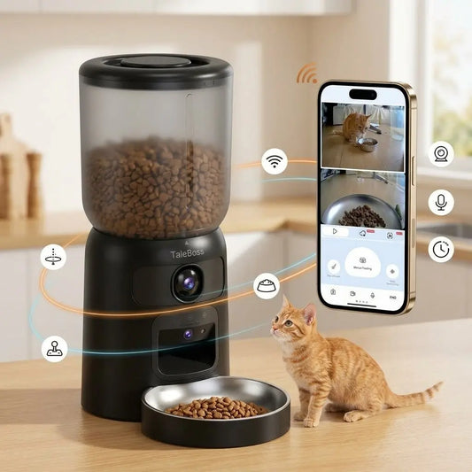 Taleboss 5L Smart Wi-Fi Automatic Pet Food Dispenser with Dual HD Cameras, 130° Wide Angle, Night Vision, Icam365 App Control, Two-Way Audio, Interactive Feeding Tray, Play Teaser Toy, and Training Accessories for Indoor Cats