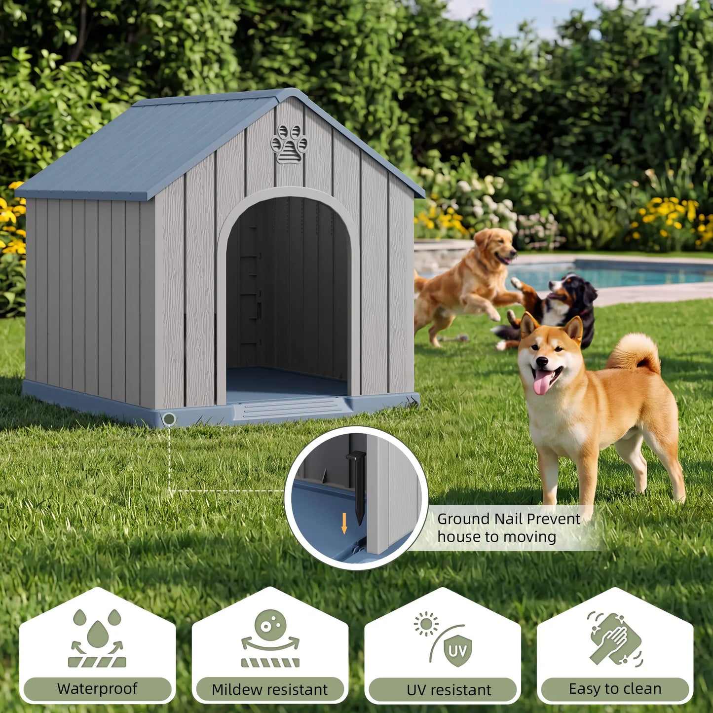 Durable Waterproof Plastic Dog House for Small to Large Dogs - Indoor/Outdoor Use with Elevated Floor, UV Resistance, Air Vents, Drainage Holes, Ground Nails, and Easy Assembly and Cleaning